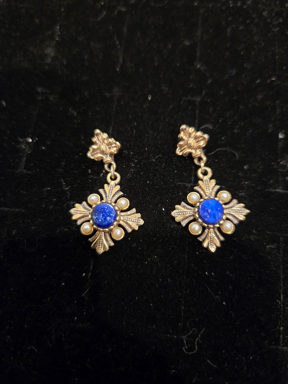 Gold-Tone Cross Drop Earrings with Blue Cabochon and Pearls